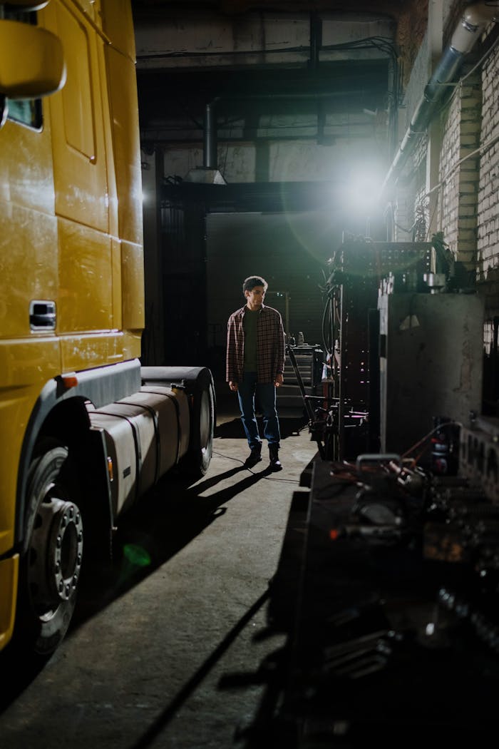 Auto mechanic standing near a truck inside a dimly lit garage, emphasizing industrial workspace.